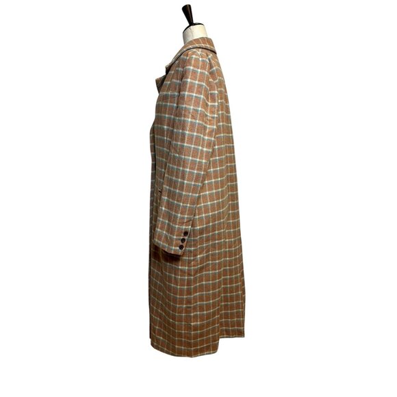 Something Navy Camel Plaid Long Coat – Check Wool Blend Single Button Overcoat, - Picture 6 of 9